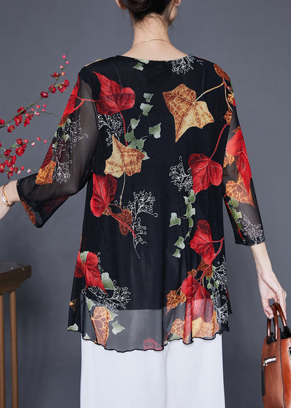 Women Red Leaf Print Zircon Chiffon Tops Bracelet Sleeve Ada Fashion