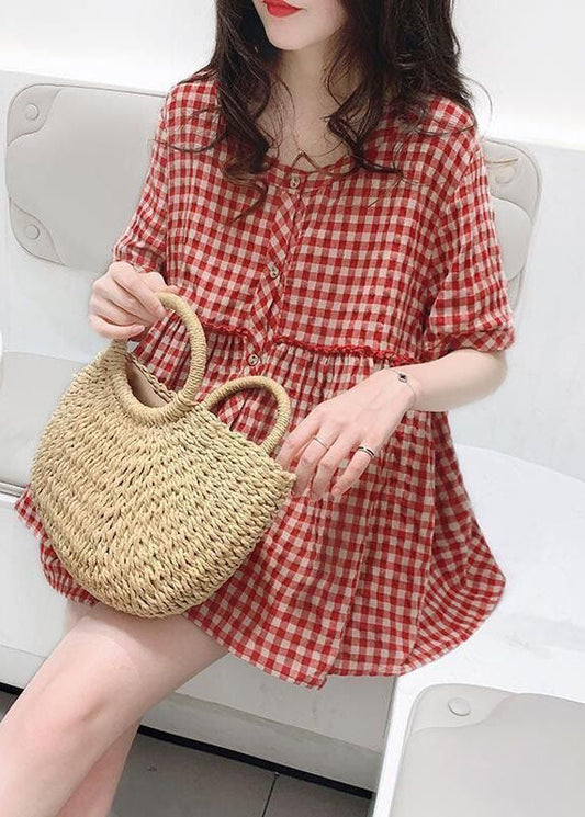 Women Red O Neck Plaid Wrinkled Patchwork Cotton Shirt Top Summer LY2903