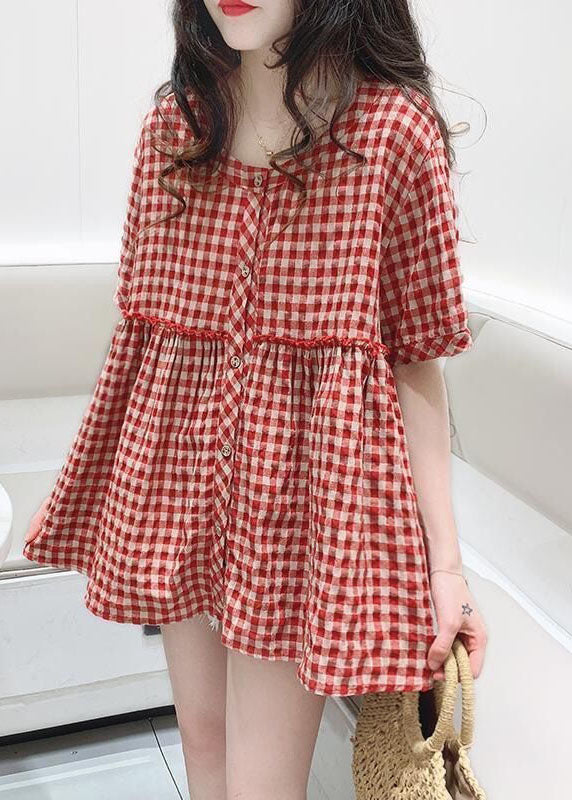 Women Red O Neck Plaid Wrinkled Patchwork Cotton Shirt Top Summer LY2903