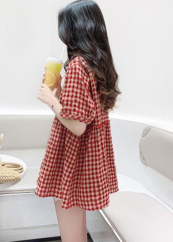 Women Red O Neck Plaid Wrinkled Patchwork Cotton Shirt Top Summer LY2903 - fabuloryshop