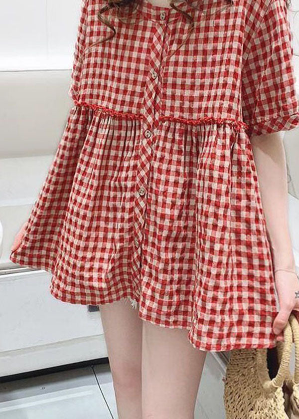 Women Red O Neck Plaid Wrinkled Patchwork Cotton Shirt Top Summer LY2903 - fabuloryshop