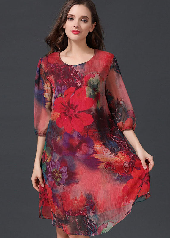 Women Red O Neck Print Patchwork Chiffon Mid Dress Summer LY6493 - fabuloryshop