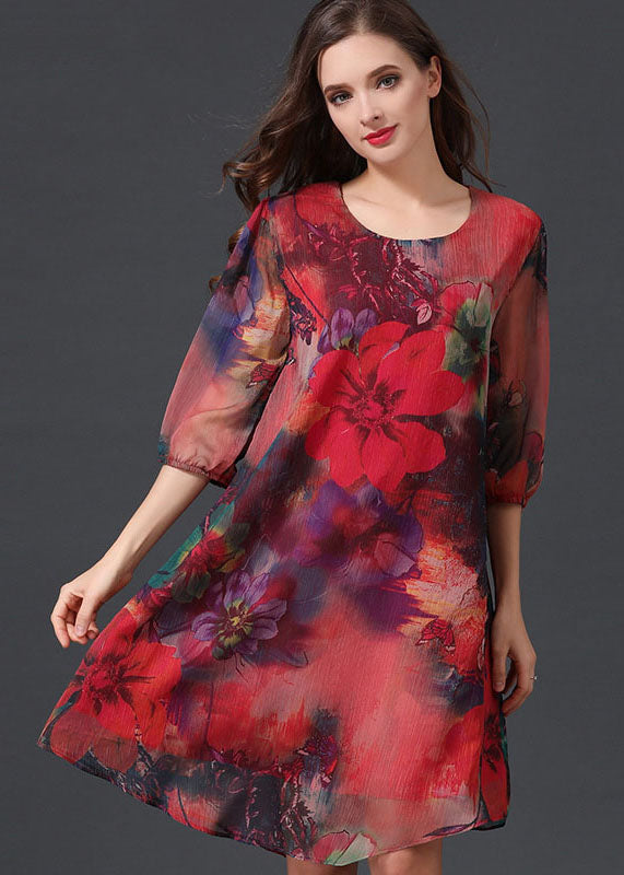 Women Red O Neck Print Patchwork Chiffon Mid Dress Summer LY6493 - fabuloryshop