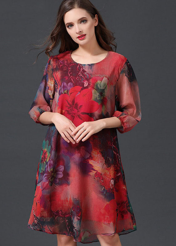 Women Red O Neck Print Patchwork Chiffon Mid Dress Summer LY6493 - fabuloryshop