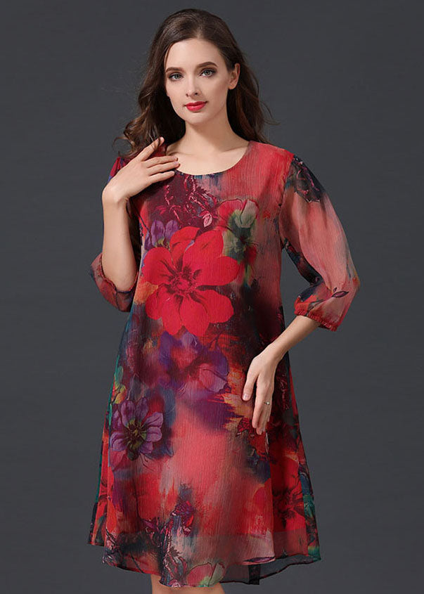 Women Red O Neck Print Patchwork Chiffon Mid Dress Summer LY6493 - fabuloryshop