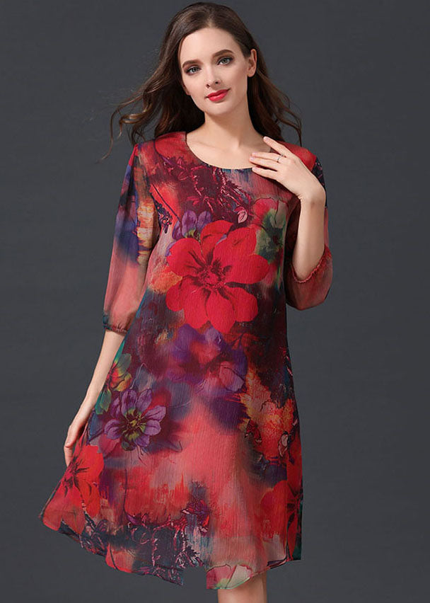 Women Red O Neck Print Patchwork Chiffon Mid Dress Summer LY6493 - fabuloryshop