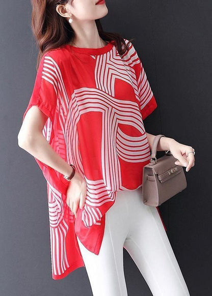 Women Red O Neck Print Patchwork Chiffon Tops Batwing SleeveLY0069 - fabuloryshop