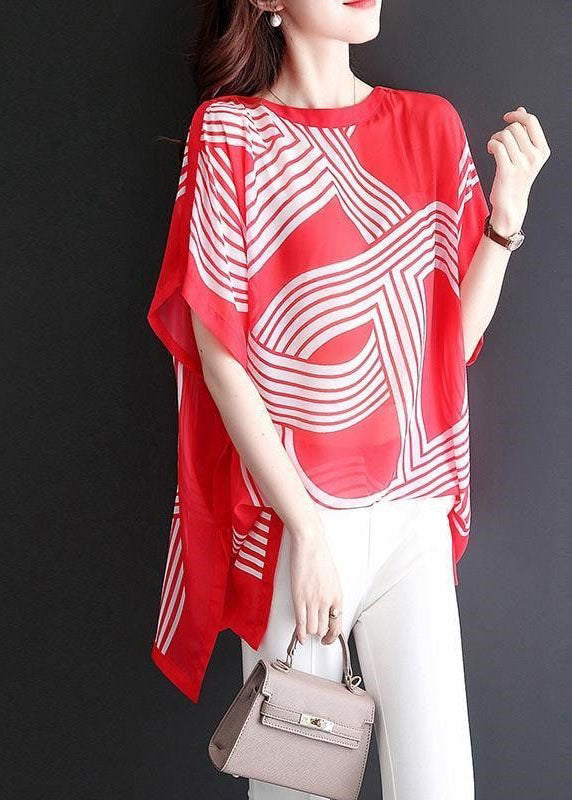 Women Red O Neck Print Patchwork Chiffon Tops Batwing SleeveLY0069 - fabuloryshop