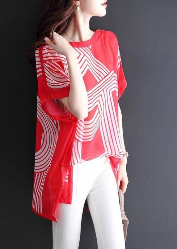 Women Red O Neck Print Patchwork Chiffon Tops Batwing SleeveLY0069 - fabuloryshop