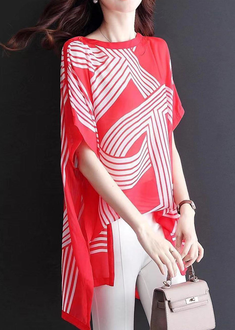 Women Red O Neck Print Patchwork Chiffon Tops Batwing SleeveLY0069 - fabuloryshop