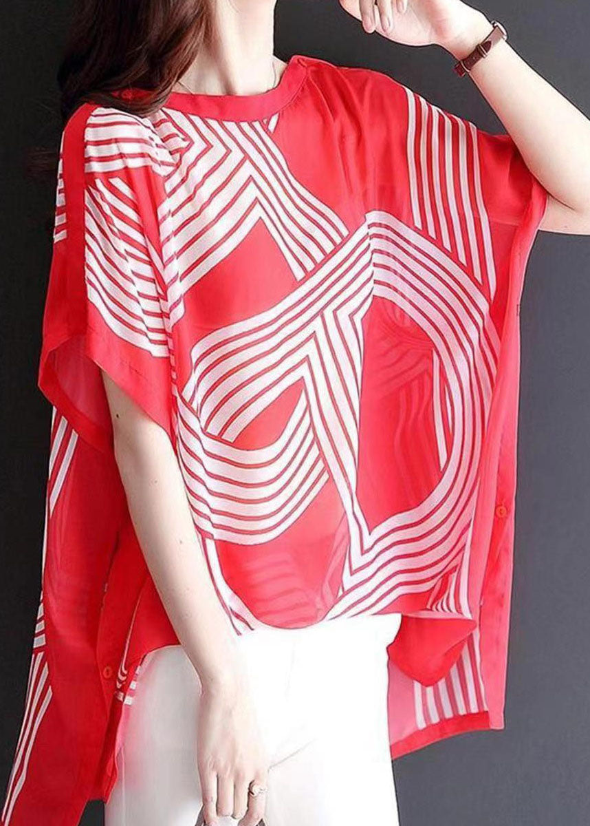 Women Red O Neck Print Patchwork Chiffon Tops Batwing SleeveLY0069 - fabuloryshop