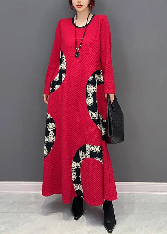 Women Red O Neck Print Patchwork Knit Long Dress Fall Ada Fashion