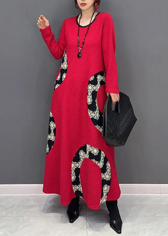 Women Red O Neck Print Patchwork Knit Long Dress Fall Ada Fashion