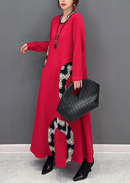 Women Red O Neck Print Patchwork Knit Long Dress Fall Ada Fashion