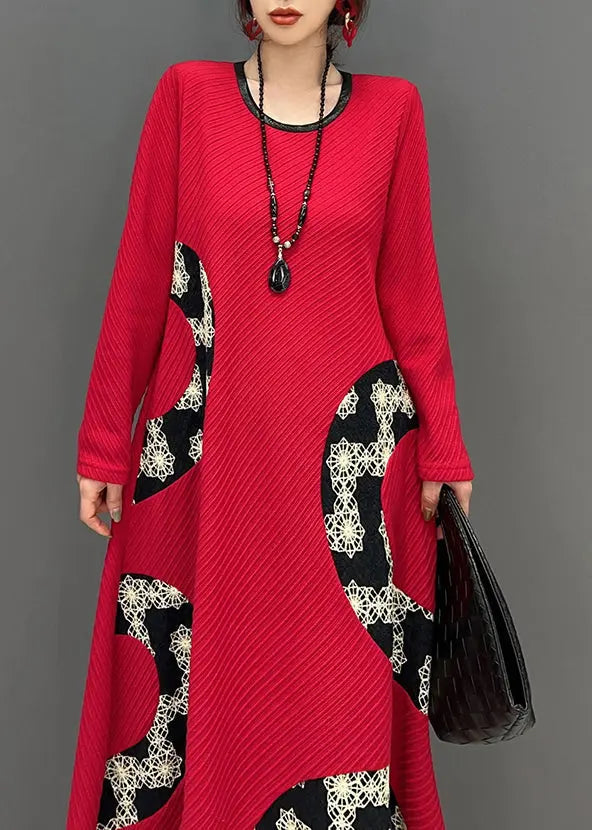 Women Red O Neck Print Patchwork Knit Long Dress Fall Ada Fashion