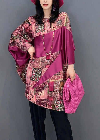 Women Red O-Neck Print Patchwork Top Batwing Sleeve LC0298 - fabuloryshop