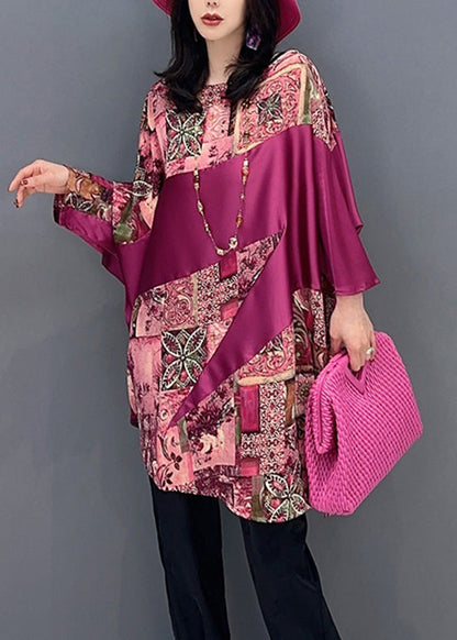 Women Red O-Neck Print Patchwork Top Batwing Sleeve LC0298 - fabuloryshop