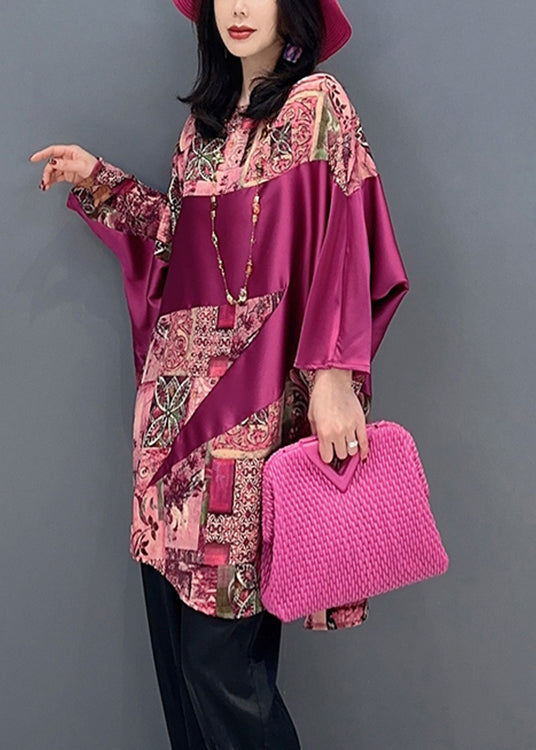 Women Red O-Neck Print Patchwork Top Batwing Sleeve LC0298 - fabuloryshop