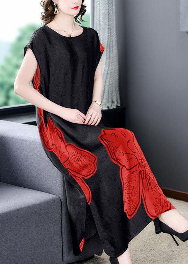 Women Red O Neck Print Side Open Patchwork Silk Long Dresses Summer LY5987 Ada Fashion