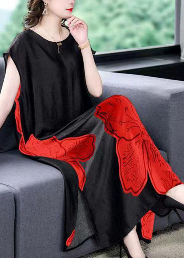 Women Red O Neck Print Side Open Patchwork Silk Long Dresses Summer LY5987 Ada Fashion