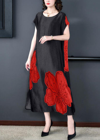 Women Red O Neck Print Side Open Patchwork Silk Long Dresses Summer LY5987 Ada Fashion