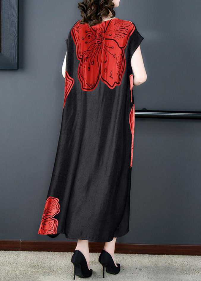 Women Red O Neck Print Side Open Patchwork Silk Long Dresses Summer LY5987 Ada Fashion