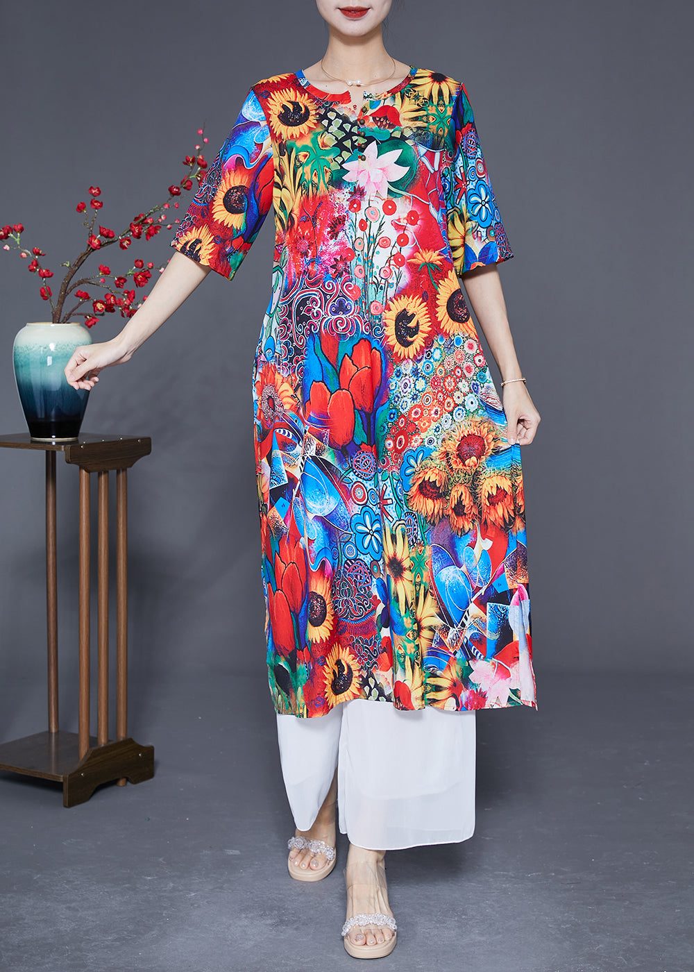 Women Red O-Neck Sunflower Print Silk Dress Summer LY2893 - fabuloryshop