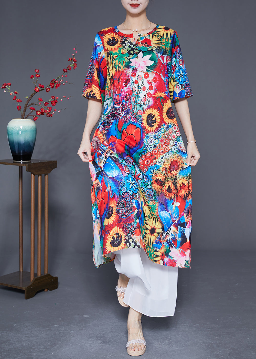 Women Red O-Neck Sunflower Print Silk Dress Summer LY2893 - fabuloryshop