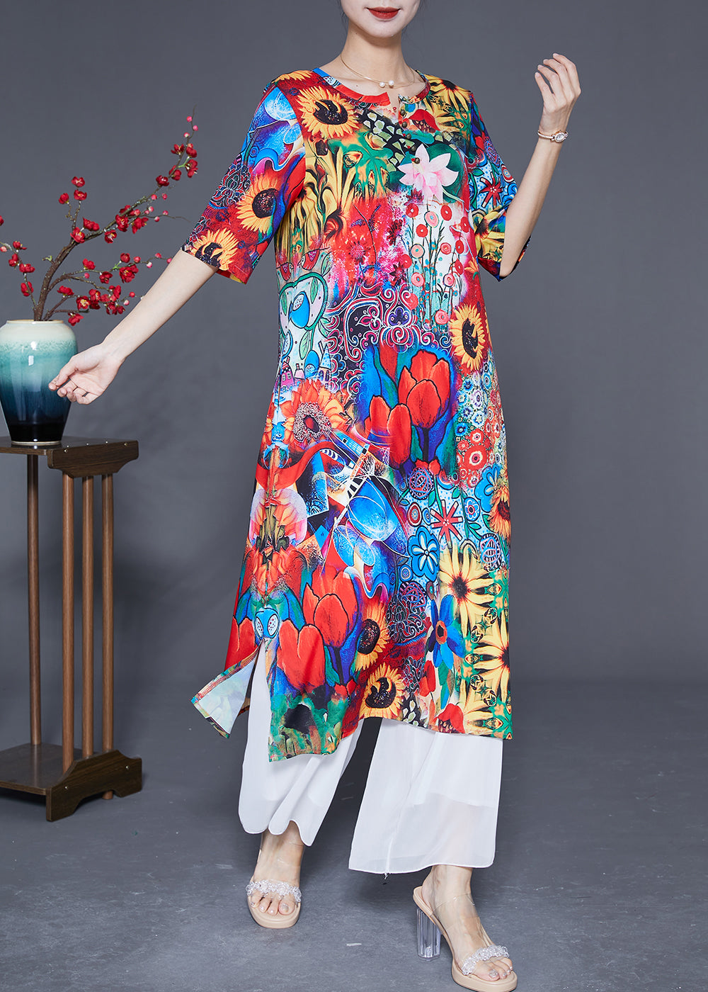 Women Red O-Neck Sunflower Print Silk Dress Summer LY2893 - fabuloryshop