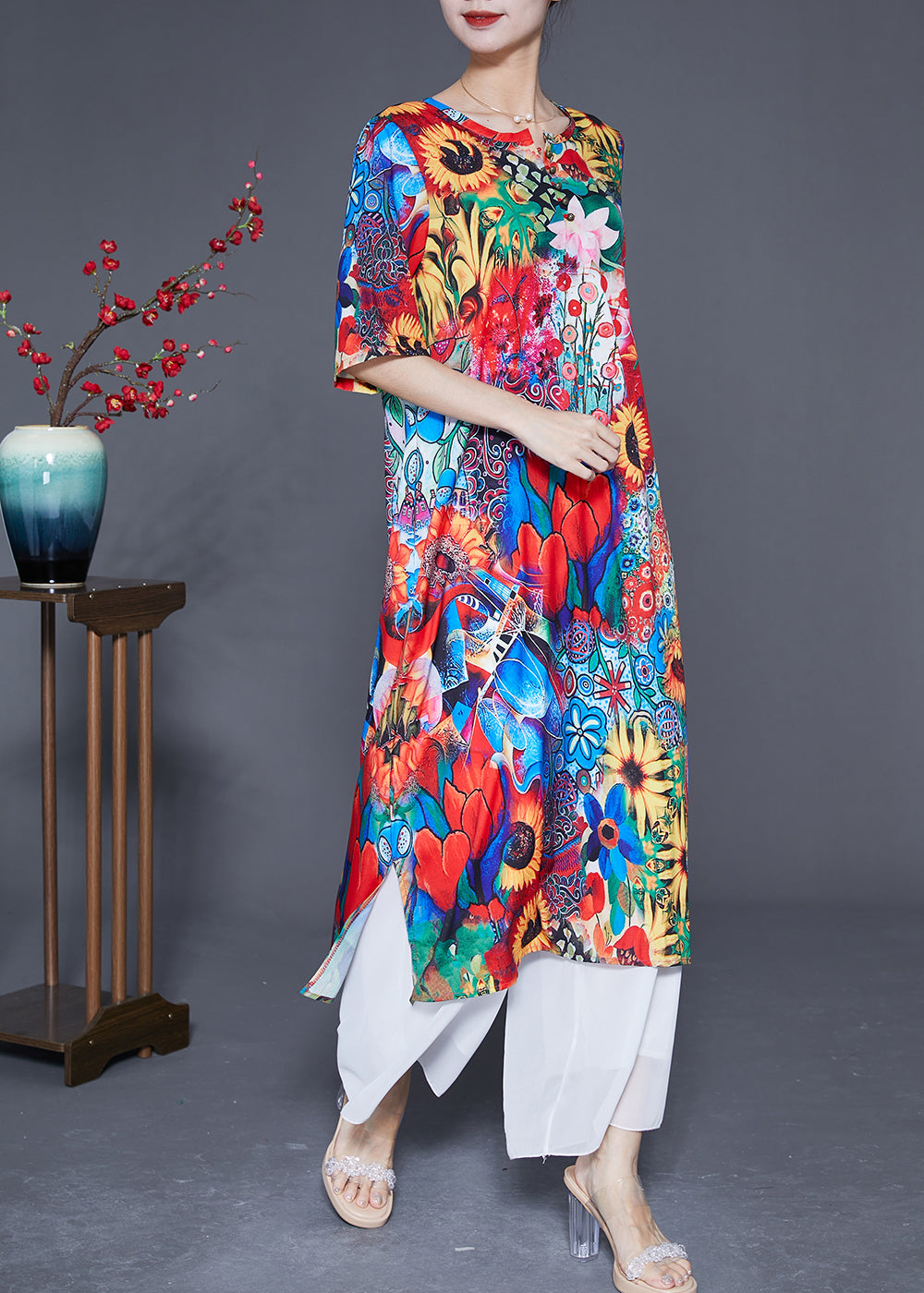 Women Red O-Neck Sunflower Print Silk Dress Summer LY2893 - fabuloryshop