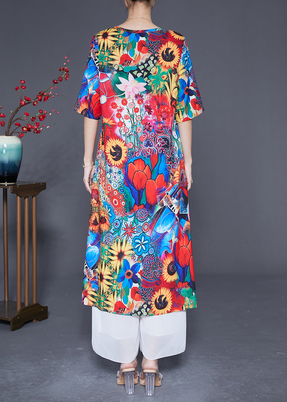 Women Red O-Neck Sunflower Print Silk Dress Summer LY2893 - fabuloryshop