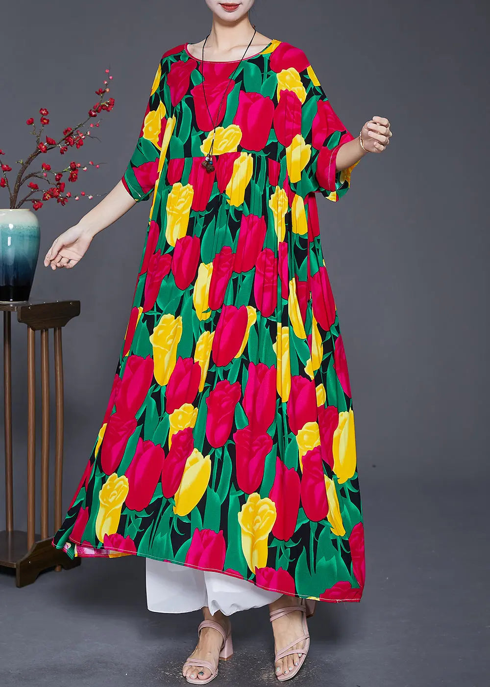 Women Red Oversized Print Cotton Long Dresses Summer Ada Fashion