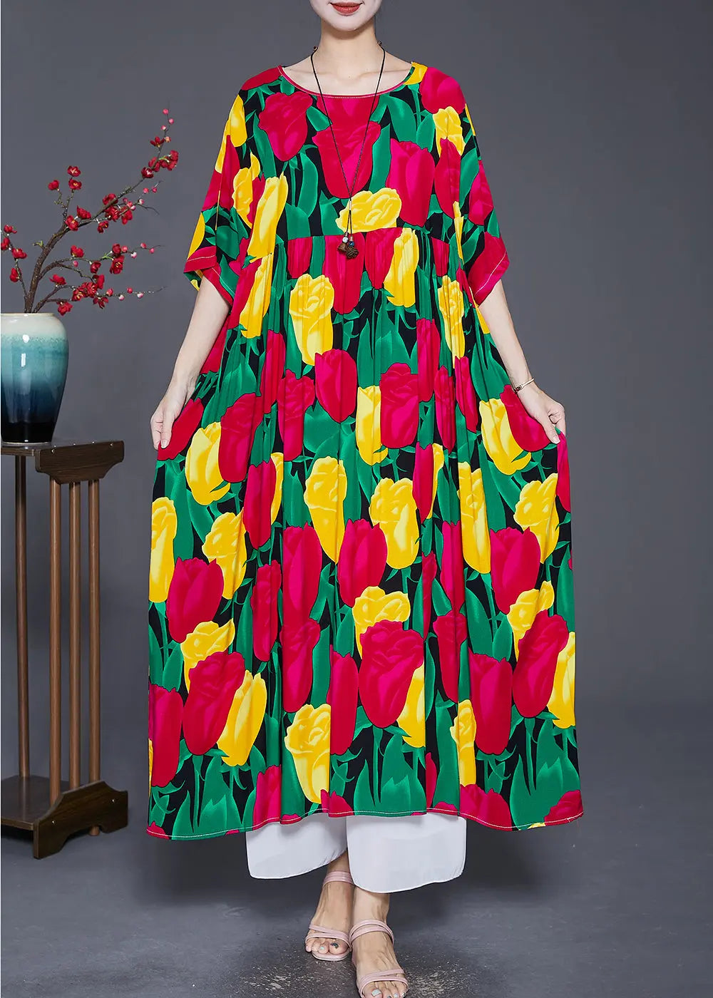 Women Red Oversized Print Cotton Long Dresses Summer Ada Fashion