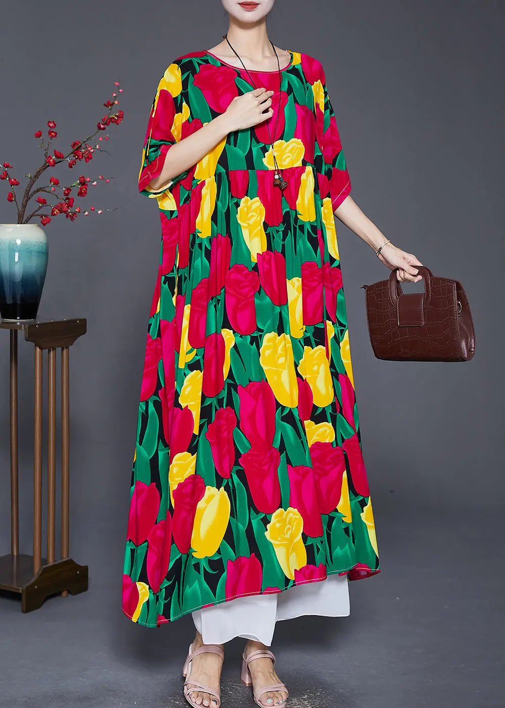 Women Red Oversized Print Cotton Long Dresses Summer Ada Fashion