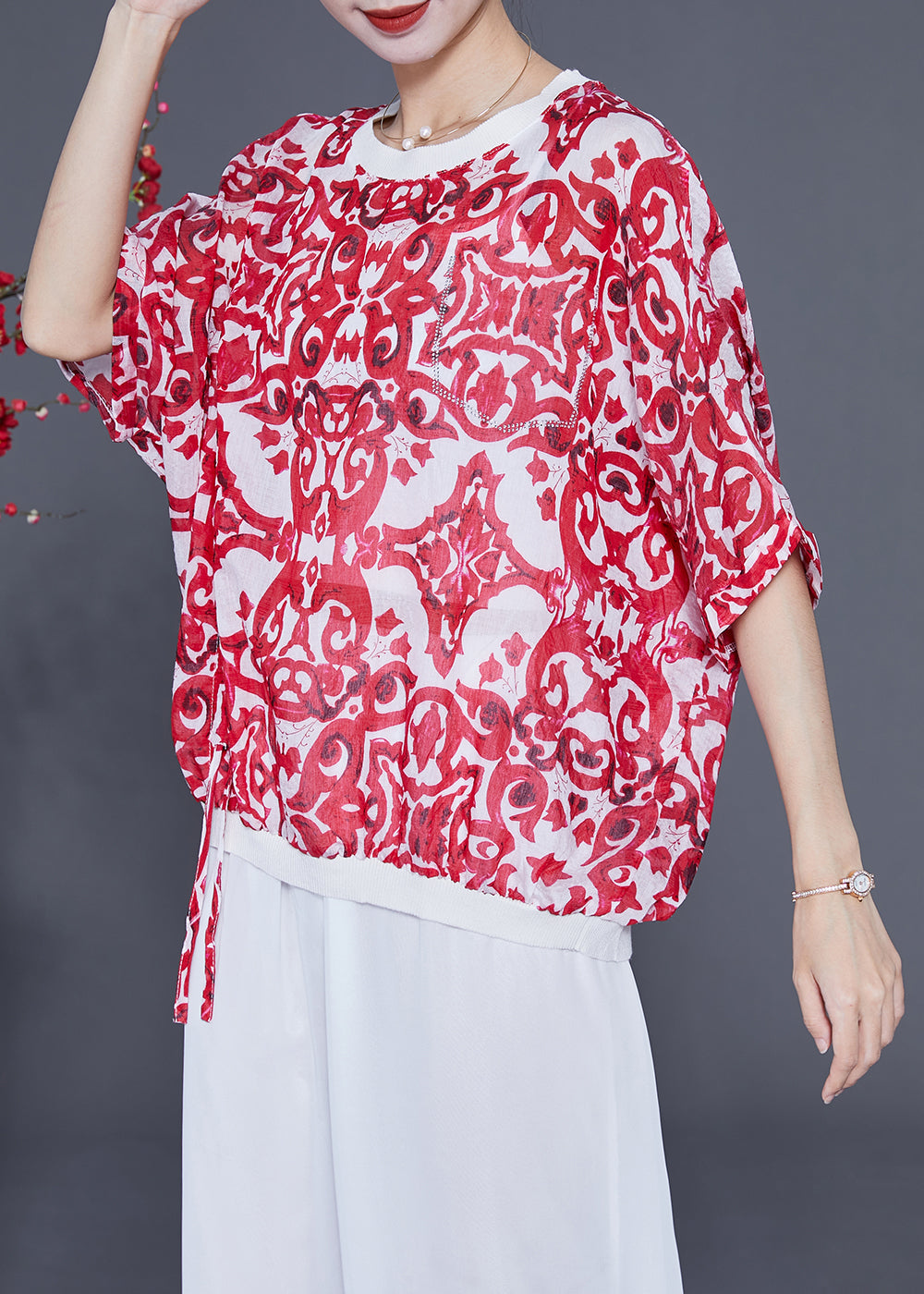 Women Red Oversized Print Drawstring Cotton Tanks Batwing Sleeve LY2355 - fabuloryshop