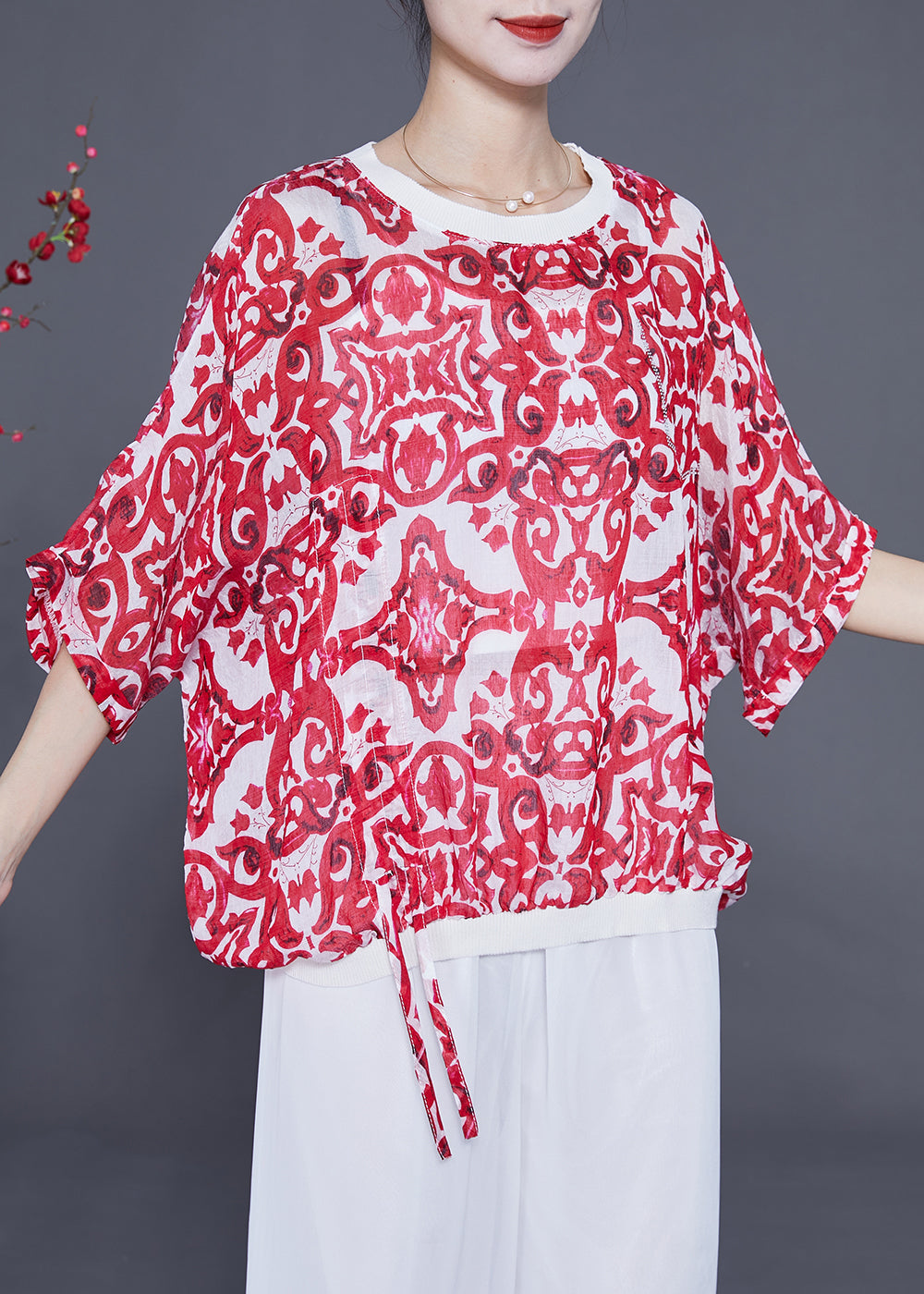 Women Red Oversized Print Drawstring Cotton Tanks Batwing Sleeve LY2355 - fabuloryshop