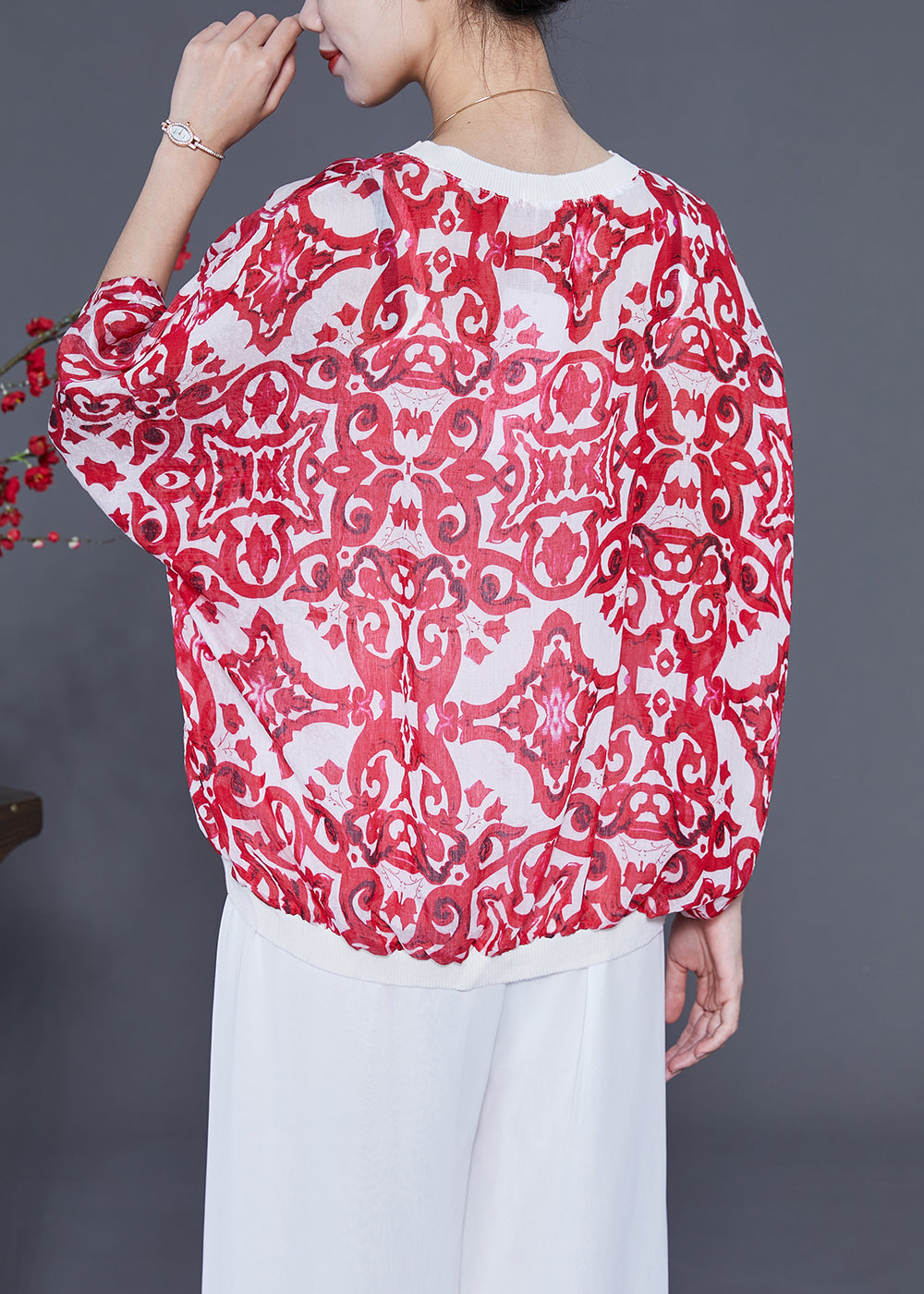 Women Red Oversized Print Drawstring Cotton Tanks Batwing Sleeve LY2355 - fabuloryshop