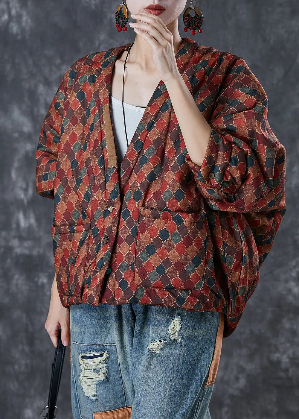 Women Red Oversized Print Fine Cotton Filled Puffers Jackets Winter Ada Fashion