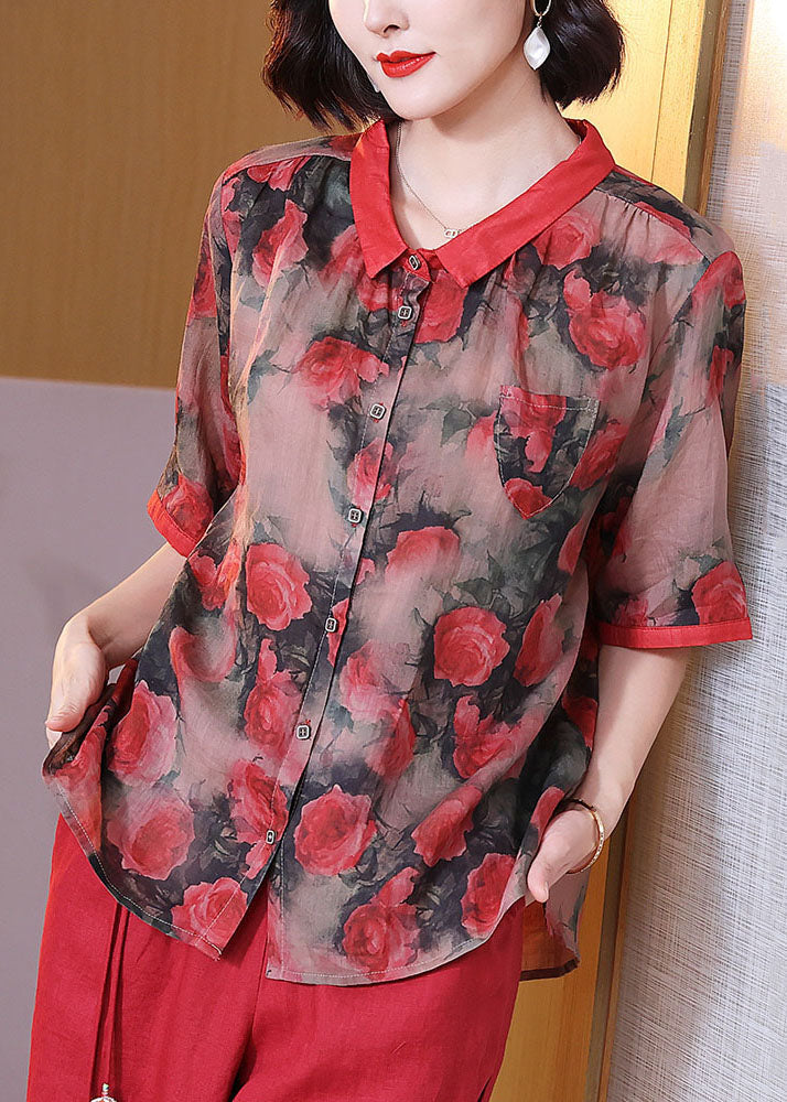 Women Red Peter Pan Collar Print Button Patchwork Linen Top Summer TP1067 - fabuloryshop