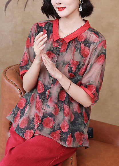 Women Red Peter Pan Collar Print Button Patchwork Linen Top Summer TP1067 - fabuloryshop