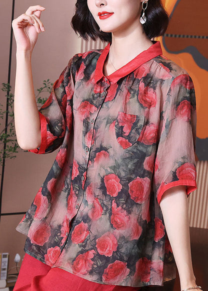 Women Red Peter Pan Collar Print Button Patchwork Linen Top Summer TP1067 - fabuloryshop