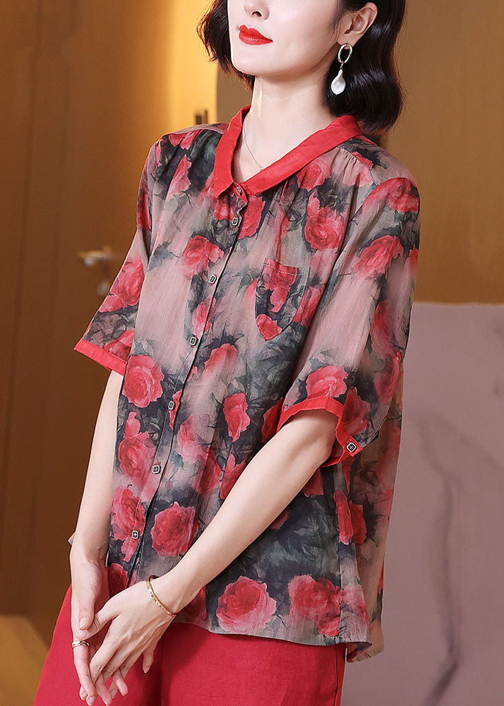 Women Red Peter Pan Collar Print Button Patchwork Linen Top Summer TP1067 - fabuloryshop