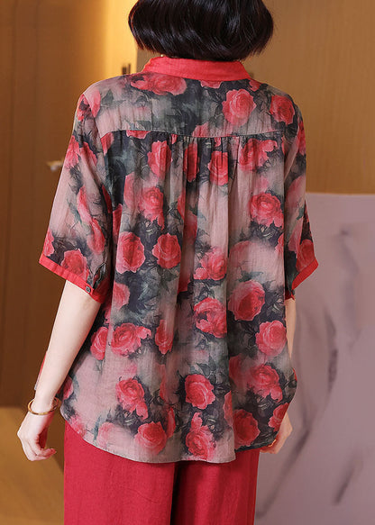 Women Red Peter Pan Collar Print Button Patchwork Linen Top Summer TP1067 - fabuloryshop