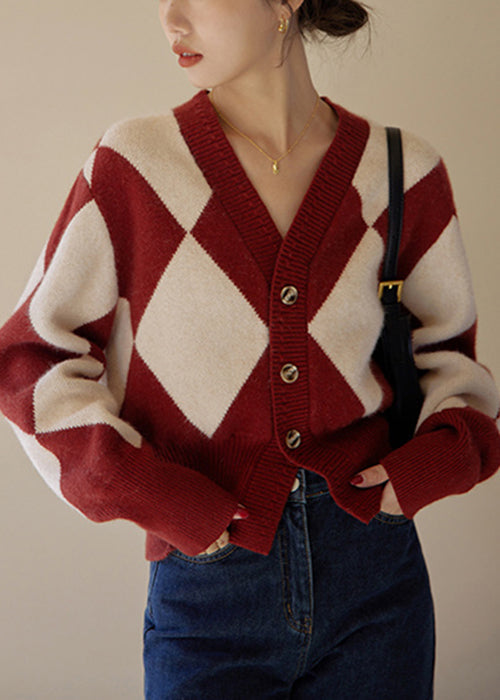 Red Plaid Button Patchwork Knit Sweaters