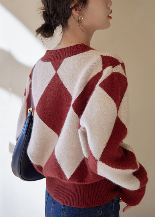 Red Plaid Button Patchwork Knit Sweaters