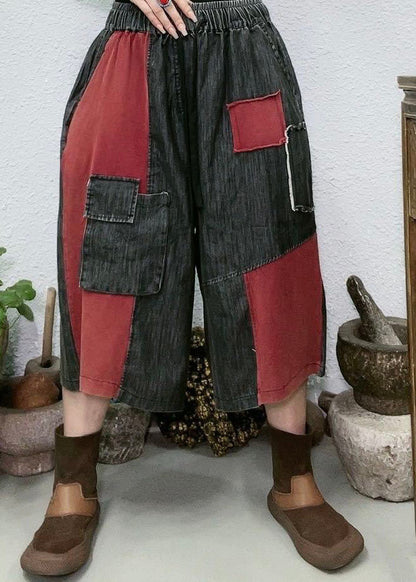 Women Red Pockets Patchwork Denim Wide Leg Pants Summer LY4567 - fabuloryshop