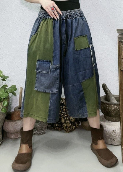 Women Red Pockets Patchwork Denim Wide Leg Pants Summer LY4567 - fabuloryshop