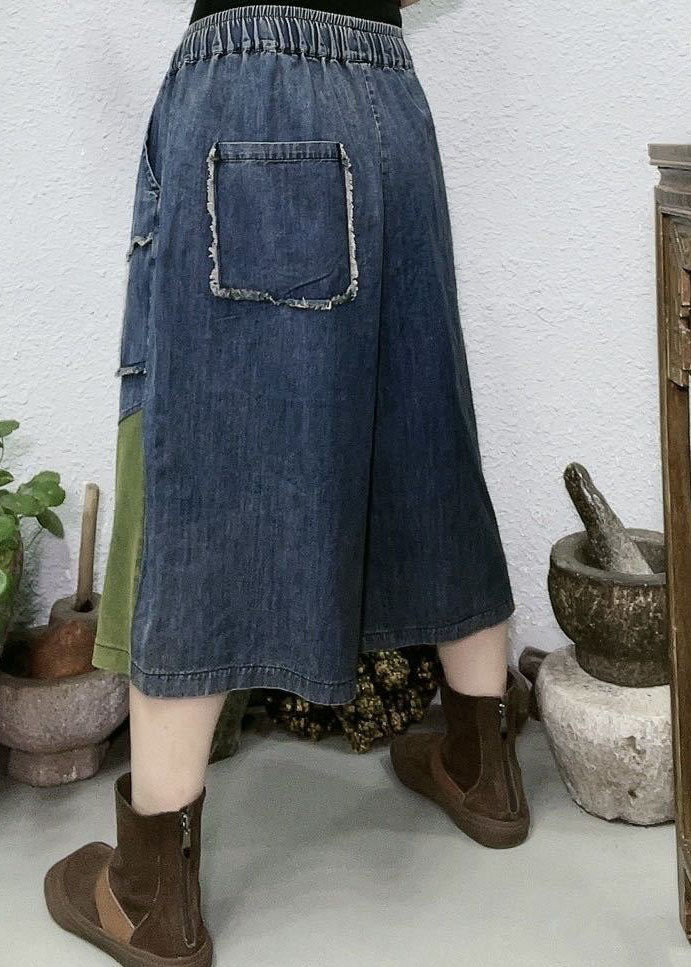 Women Red Pockets Patchwork Denim Wide Leg Pants Summer LY4567 - fabuloryshop