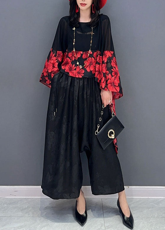 Women Red Print Asymmetrical Patchwork Chiffon Blouses Batwing Sleeve Ada Fashion