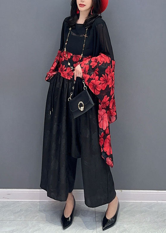 Women Red Print Asymmetrical Patchwork Chiffon Blouses Batwing Sleeve Ada Fashion